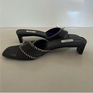 brown leather Loft kitten heel sandals with woven bow detail